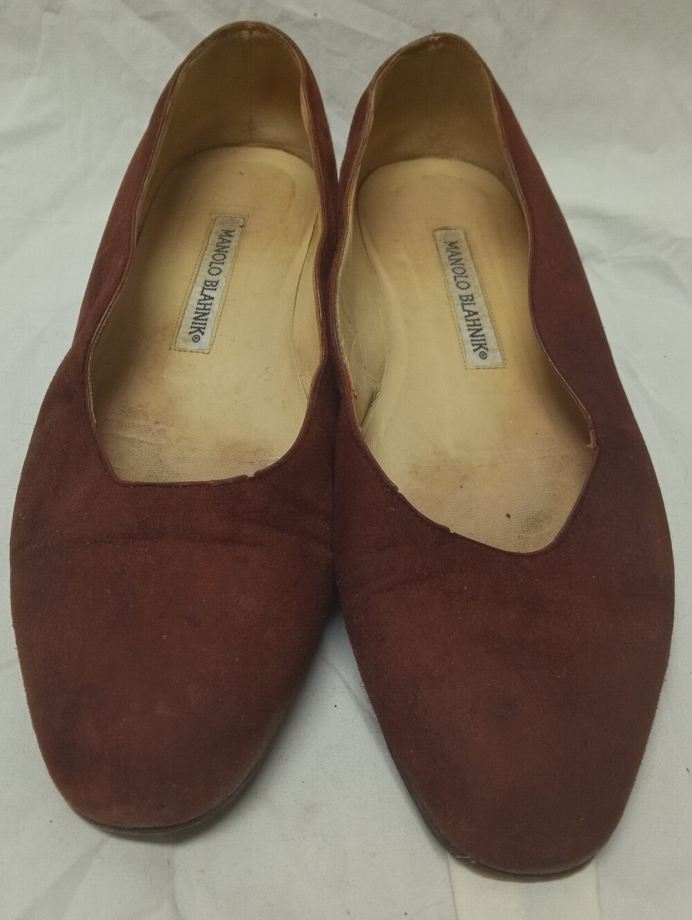 Manolo Blahnik Burgundy Suede Leather Sz 6.5 Women's Slip On Flats